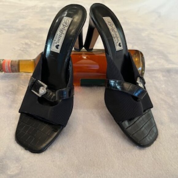 Brighton Black Croc Leather Mule Slip On Slide Sandal Mid Heel SquareToe 8 1/2 - Picture 5 of 12